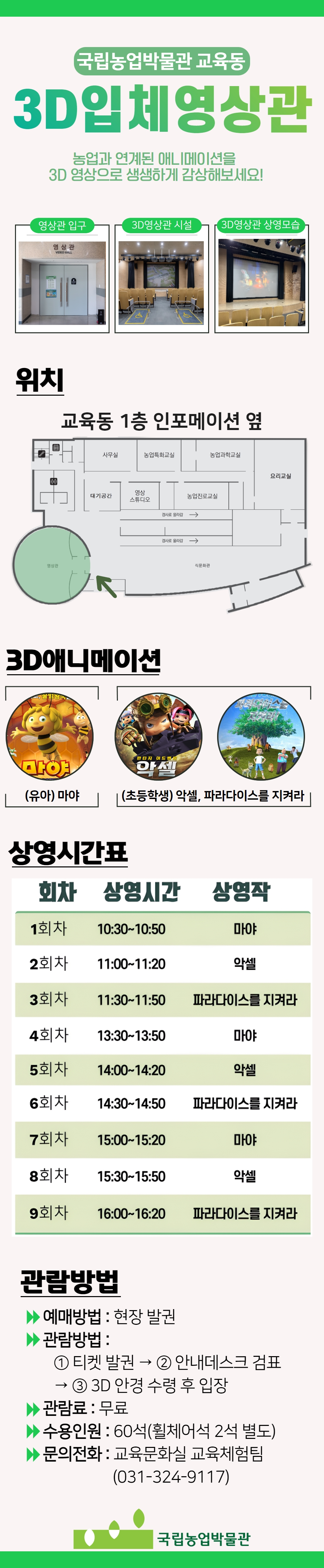 국립농업박물관 교육동 3D입체영상관 농업과 연계된 애니메이션을 3D 영상으로 생생하게 감상해보세요! [영상관 입구] [3D영상관 시설] [3D영상관 상영모습] -위치 교육동 1층 인포메이션 옆 -3D애니메이션 (유아) 마야 (초등학생) 악셀, 파라다이스를 지켜라 -상영시간표 1회차 10:30~10:50 마야 2회차 11:00~11:20 악셀 3회차 11:30-11:50 파라다이스를 지켜라 4회차 13:30-13:50 마야 5회차 14:00-14:20 악셀 6회차 14:30-14:50 파라다이스를 지켜라 7회차 15:00-15:20 마야 8회차 15:30-15:50 악셀 9회차 16:00-16:20 파라다이스를 지켜라 -관람방법 ▶ 예매방법 : 현장 발권 ▶ 관람방법 : 1 티켓 발권 → 2 안내데스크 검표 → 3 3D 안경 수령 후 입장 ▶ 관람료 : 무료 ▶ 수용인원 : 60석(휠체어석 2석 별도) ▶ 문의전화 : 교육문화실 교육체험팀 (031-324-9117)