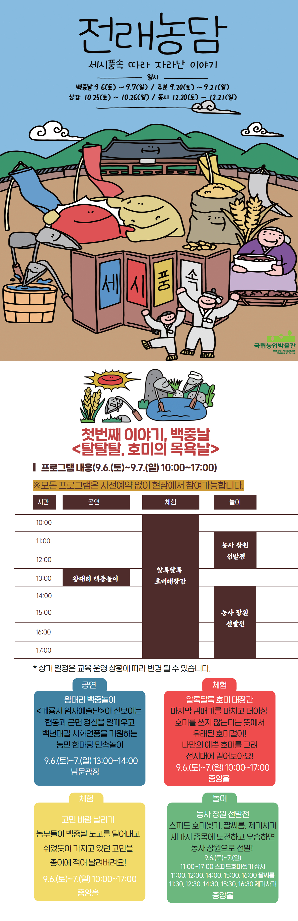 2025년 국립농업박물관 농업문화교육 전래농담 세시풍속 따라 자란 이야기 잊혀져가는 우리 농업문화에 대하여 알아보고, 즐겁게 배우며 함께 향유해보아요! 전체 프로그램 백중날(9.6.~7.), 추분(9.20~21.), 상강(10.25.~26.), 동지(12.20.~21.) 첫번째 이야기, 백중날 탈탈탈 호미의 목욕날 백주날은 농부들이 힘든 김매기를 끝내고 밭에서 잠시 벗어나 쉴 수 있는 소중한 날로, 그날엔 호미들도 함께 쉼의 기쁨을 느낄 수 있었죠. '이제 우리도 온몸에 묻은 흙더미를 털고 맑은 물에 목욕을 할 수 있어요.' 한 호미의 말에 호미들 사이에서 웃음꽃이 피었습니다. '탈탈탈 털고 반짝반짝 씻어 한결 깨끗해지겠구먼!' 프로그램 내용 모든 프로그램은 사전예약 없이 현장에서 참여가능합니다. 공연 왕대리 백중놀이 체험 알록달록 호미대장간 놀이 농사장원 선발전 